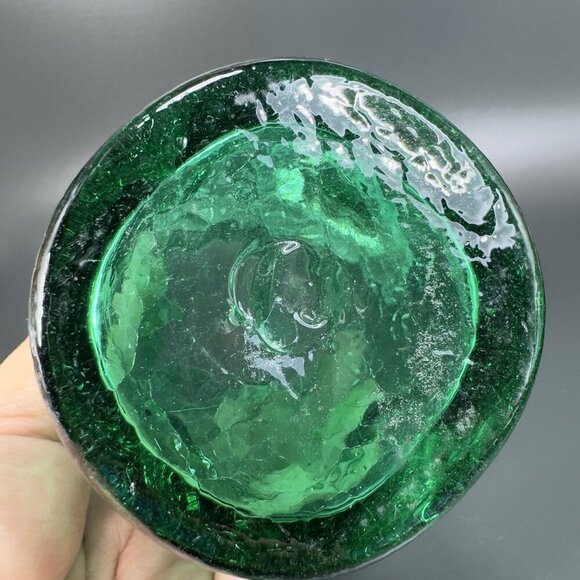 Crackle Green Glass Tumbler Pinched Dimpled Tumblers Cups Glasses Set 2 Vintage - Picture 4 of 13